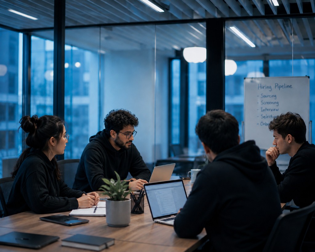 Hiring team collaborating around a conference table